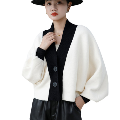 短款毛衣开衫外套女秋冬季双面呢蝙蝠袖小个子高腰配裙子外搭上衣