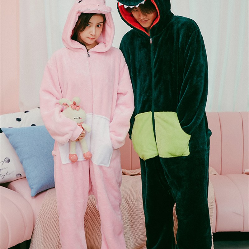 恐龙睡衣男女情侣连体秋冬加厚法兰绒可爱成年卡通动物动漫家居服