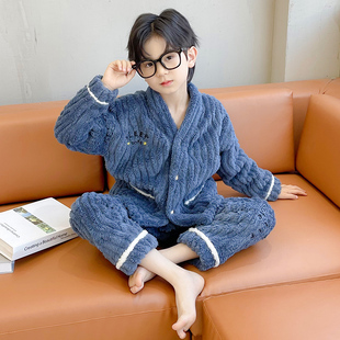 儿童秋冬法兰绒睡衣新款男童洋气开衫家居服套装珊瑚绒保暖两件套