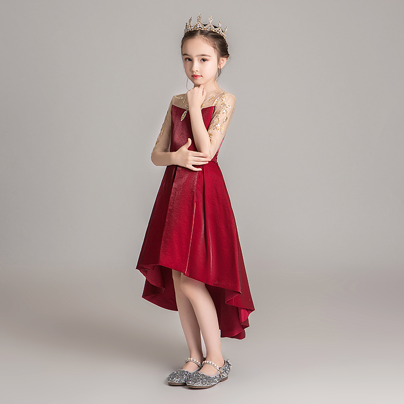 公主裙女童前短後长模特走秀红色花童小主持人儿童钢琴演出服礼服