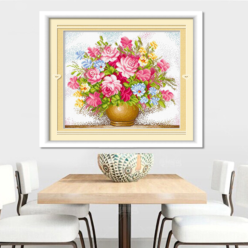 纯手工十字绣成品粉红玫瑰花瓶玫瑰花卉客厅卧室餐厅装饰小画出售,居家布艺,十字绣成品,淘宝优惠券,粉丝福利购,淘宝优惠卷