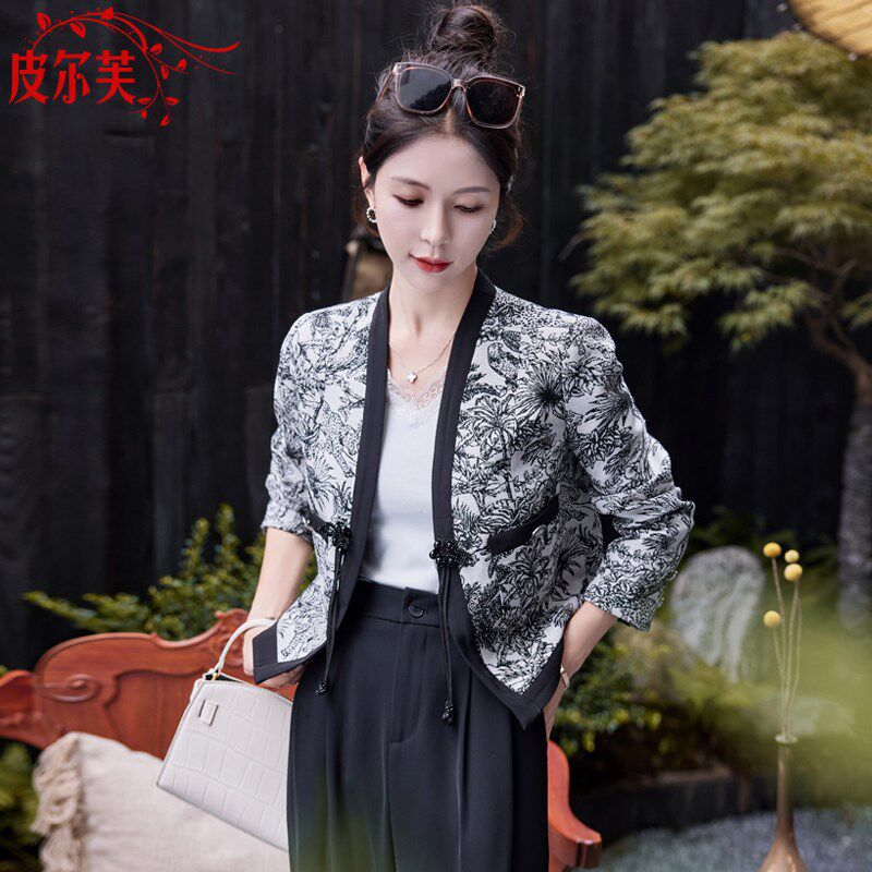 中国风唐装女改良款潮高端提花开衫春秋长袖上衣一粒扣V领小外套