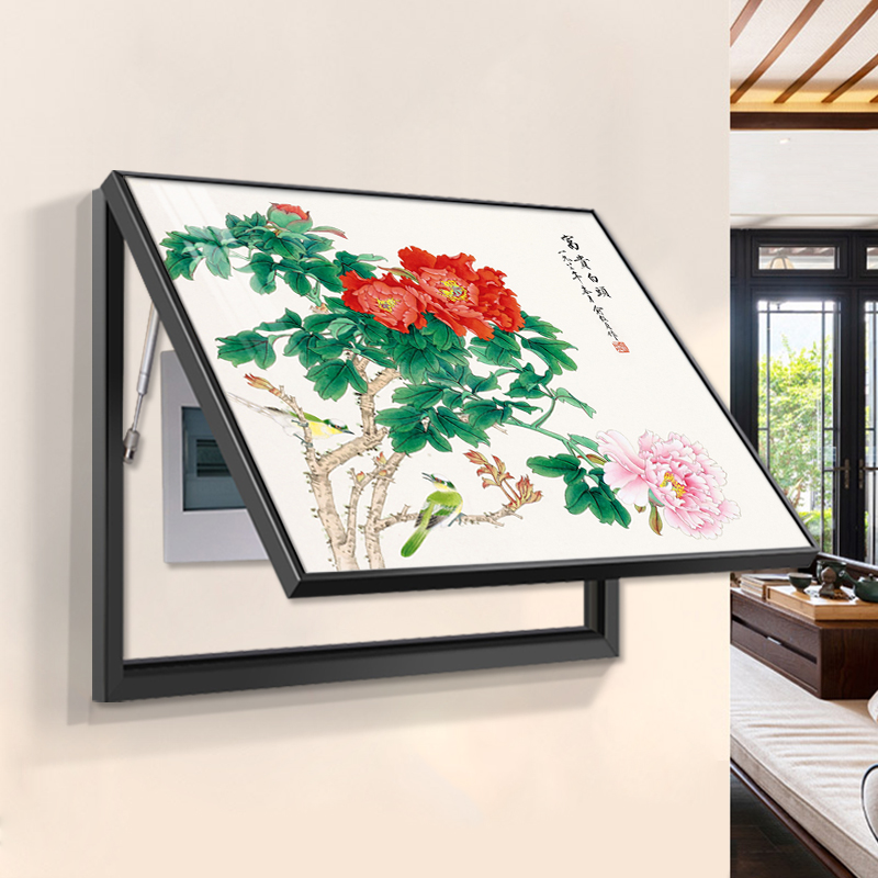 牡丹花开富贵新中式电表箱装饰画免打孔配电箱挂画餐厅画遮挡壁画