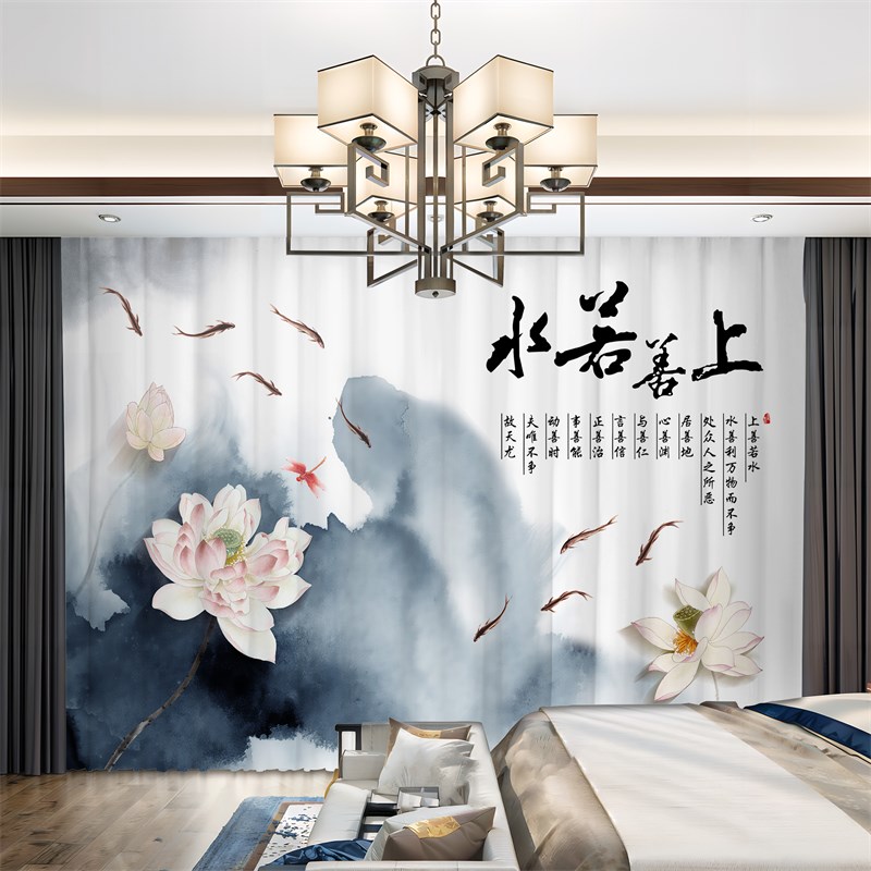 新中式荷花图案窗帘禅意莲花中国风古典山水画客厅透光不透人纱帘