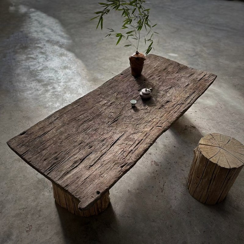 禅意风化木老木头桌子大板茶桌大板桌云南特色茶室民宿客栈老木
