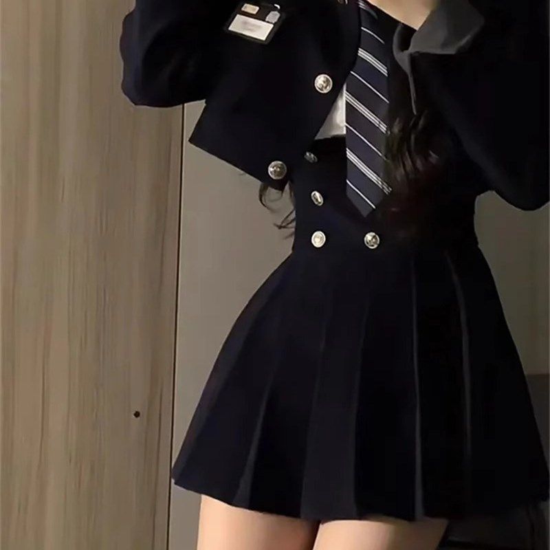 短款西装外套jk制服美式学院风套装女春秋款高腰显瘦百褶裙三件套