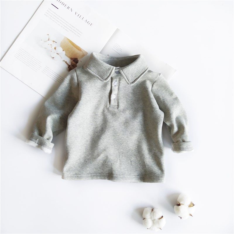 男童儿童宝宝加绒厚polo衫卫衣翻领打底衫上衣秋冬款一体绒白色