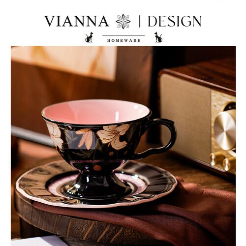 VIANNA丨复古EWIO法式花卉陶瓷咖啡杯碟家用拿铁下午茶杯水杯子