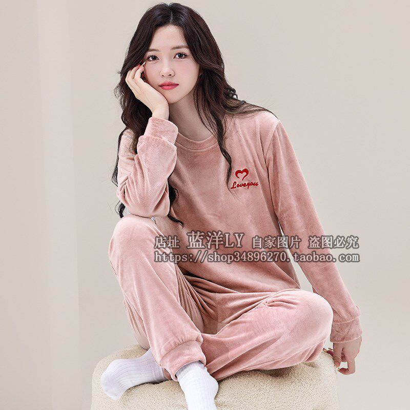 四面有弹力海岛绒睡衣女士冬季珊瑚绒缩袖口裤脚口薄款家居服套装