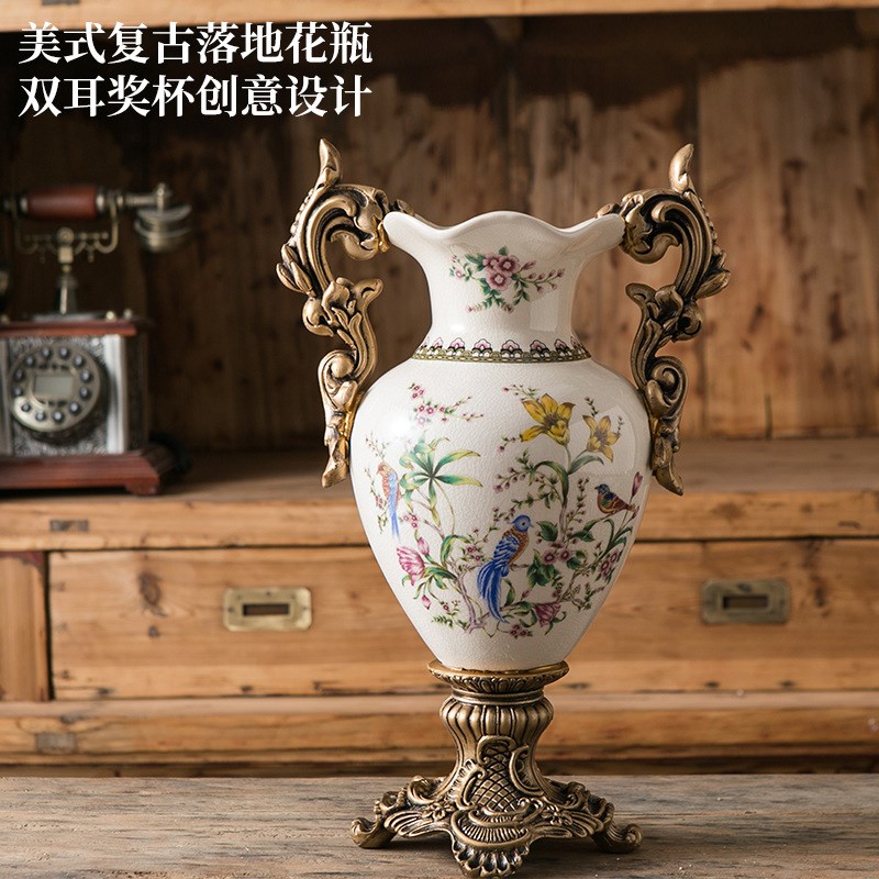 美式乡村落地双耳奖杯陶瓷花瓶创意家居客厅装饰欧式陶瓷波浪口瓶