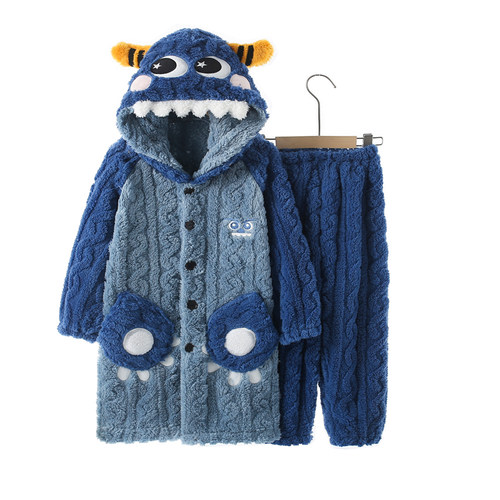 冬天珊瑚绒睡衣儿童男孩卡通小怪兽法兰绒加厚长版睡袍男大童毛绒