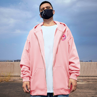 小恶魔粉色加肥加大码连帽外套男女拉链卫衣加绒加厚休闲百搭秋冬