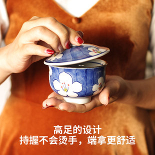 西田木雨繁花手绘高足盖杯釉下彩陶瓷茶具杯子蒸蛋盖盅带盖茶杯