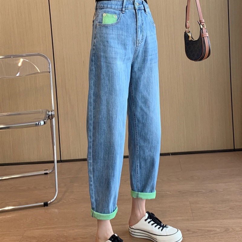 夏季薄款梨形身材弹力撞色哈伦牛仔裤女大码胖妹妹显瘦九分老爹裤
