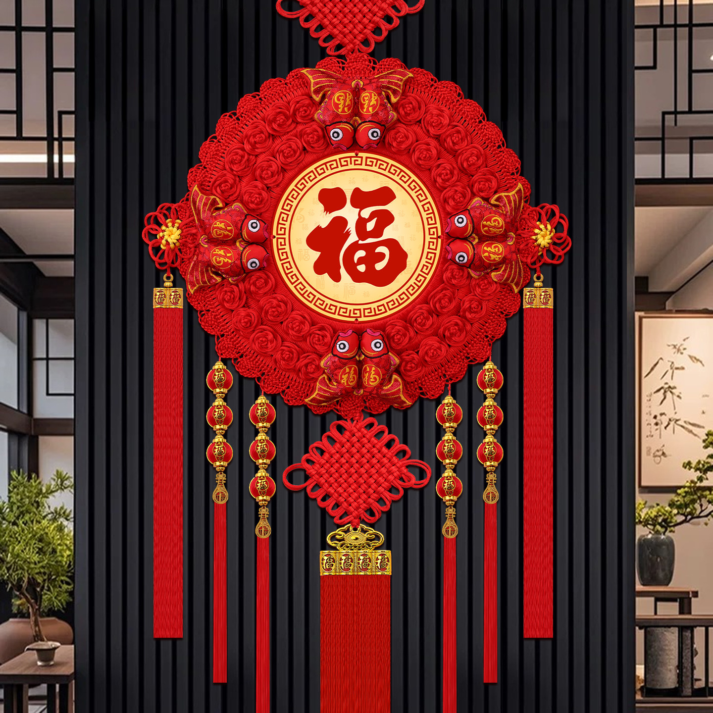 2026年新款福字中国结大号客厅挂件玄关背景墙入户门高档桃木装饰