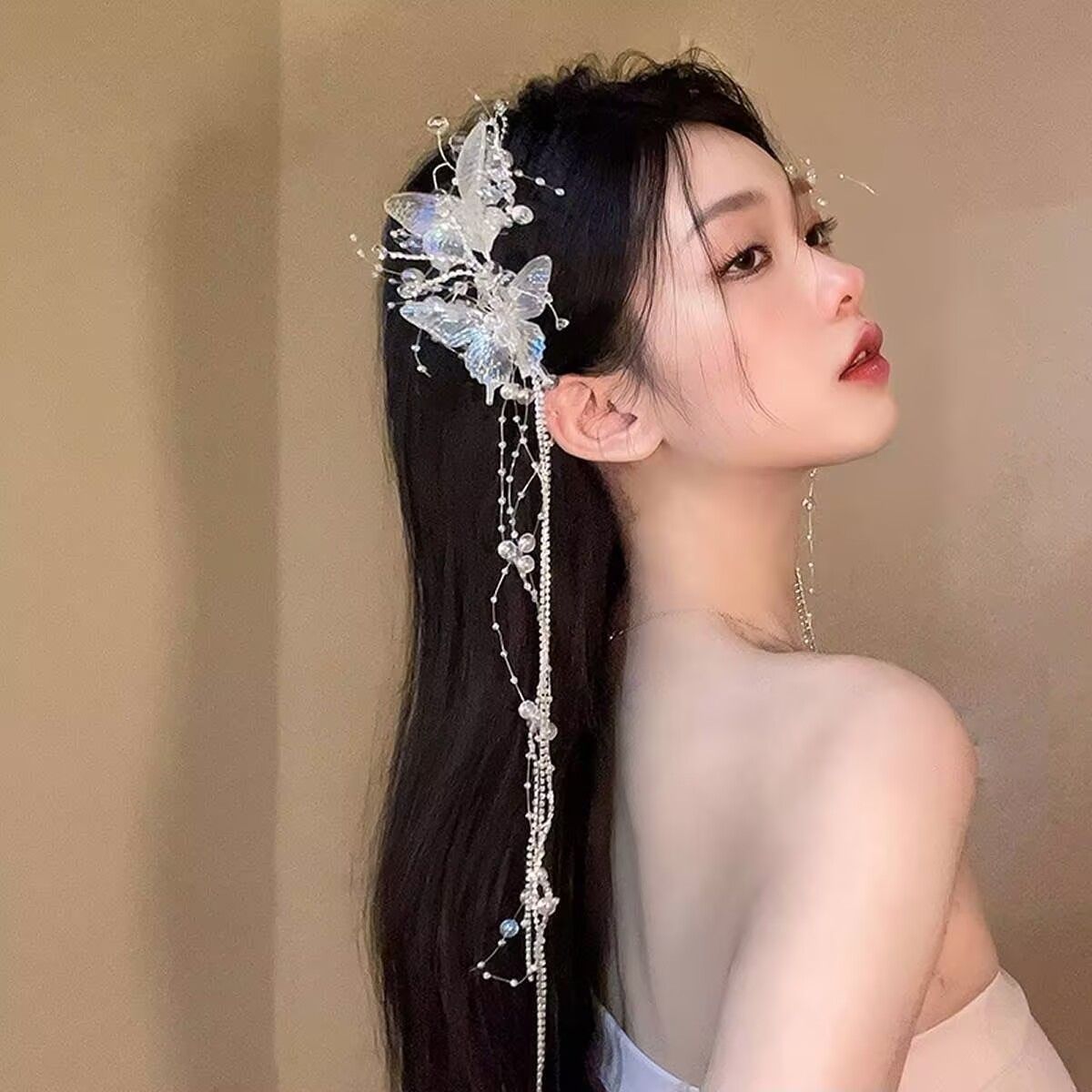 超仙透明白色灵动蝴蝶流苏抓夹女森系发夹双马尾拍照发饰头饰