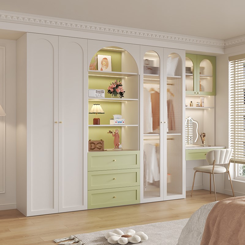 美式田园奶油风梳妆台衣柜一体平开门大容量卧室化妆桌储物柜定制