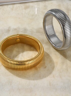 金色弹力蛇骨宽手镯女欧美轻奢小众夸张银色金属叠戴手环手圈镯子