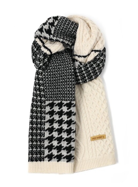 freerabbit II韩版气质百搭拼色黑白千鸟格加厚绒绒线围巾情侣款