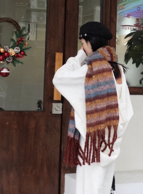 freerabbit II撞色条纹加厚保暖流苏马海毛围巾男女同款情侣款