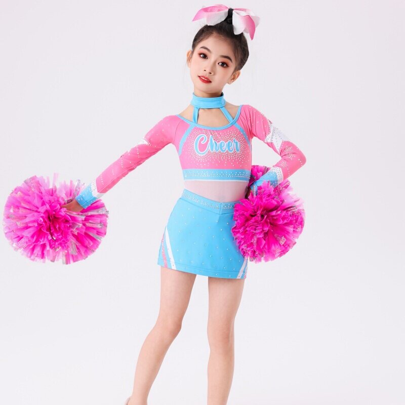 儿童啦啦操演出服长袖新款女童拉拉队表演服健美操竞技赛比赛服钻