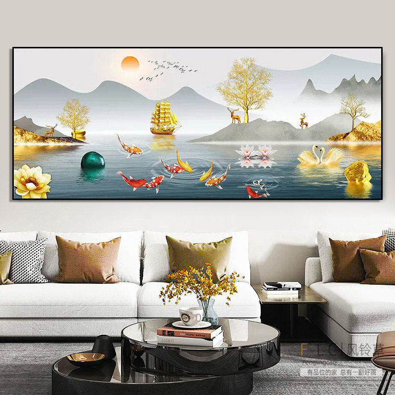 5d钻石画满钻2025新款客厅山水风景粘贴钻石绣十字绣九鱼图新中式