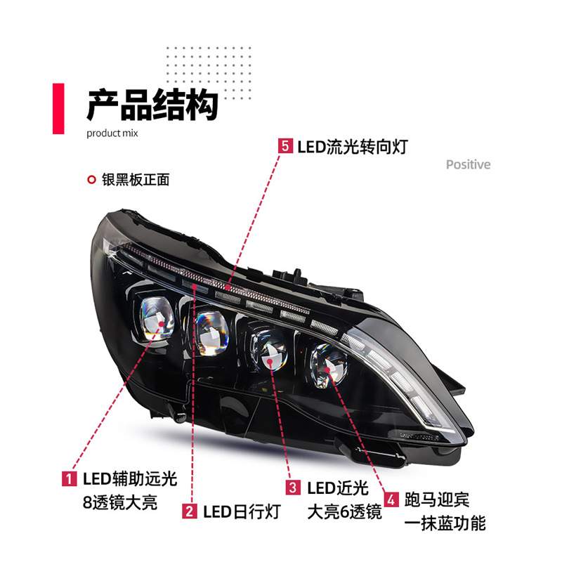 适用于标致4008 5008大灯低配改装升级高配全LED日行灯水晶透镜大