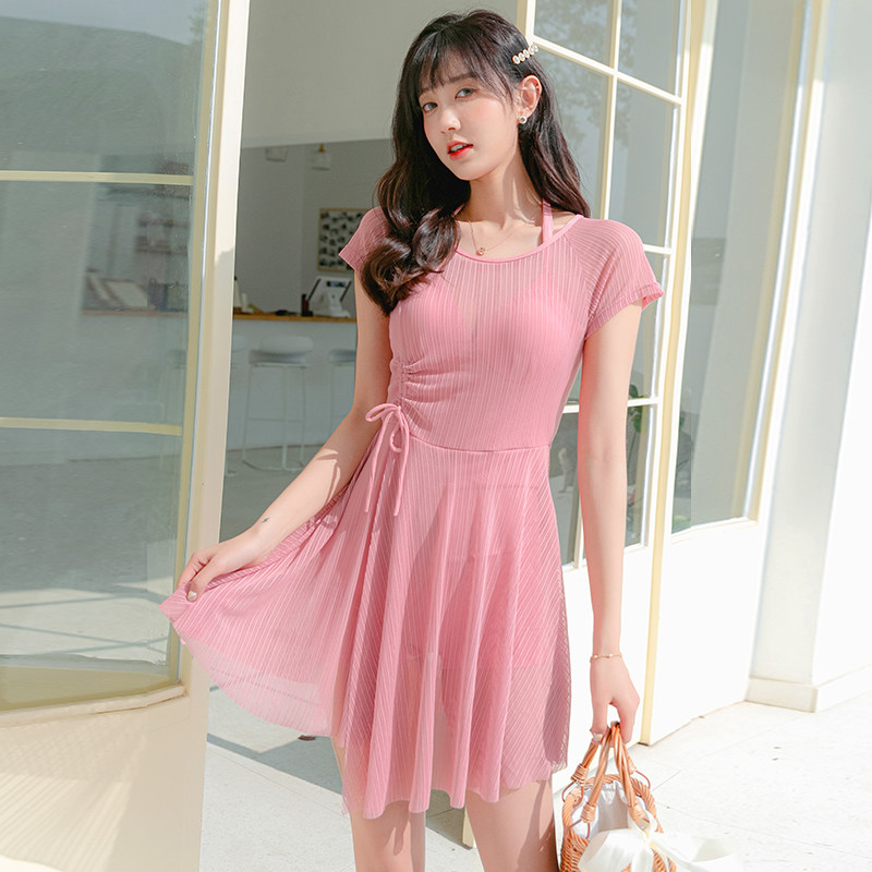 百雅泳衣女保守连体裙式小胸钢托性感夏季遮肚度假泡温泉泳装显瘦