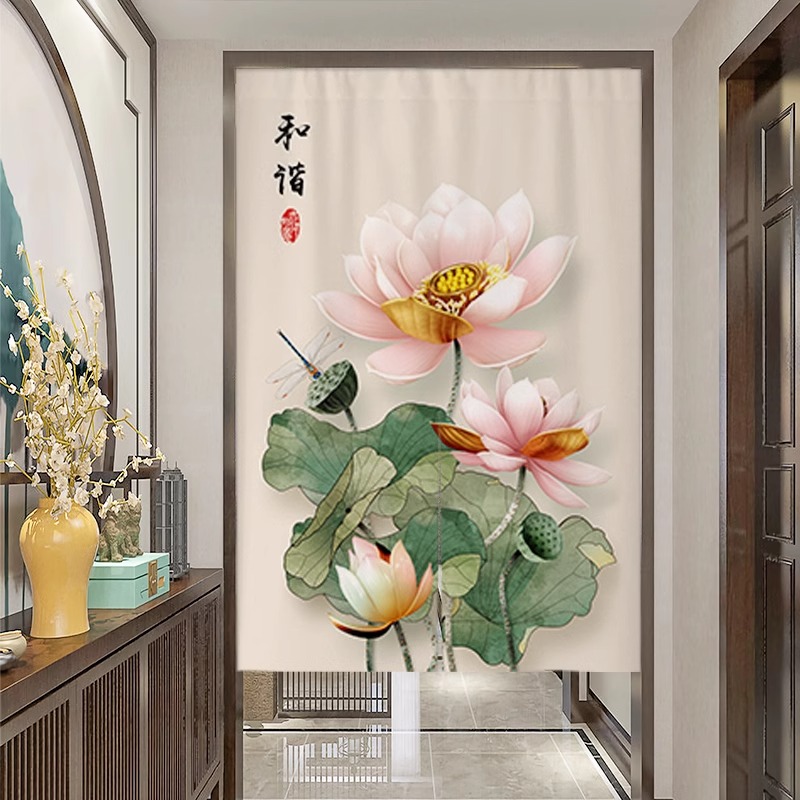 中式荷花门帘隔断帘卫生间门对门遮挡帘布艺挂帘卧室厕所半帘定制