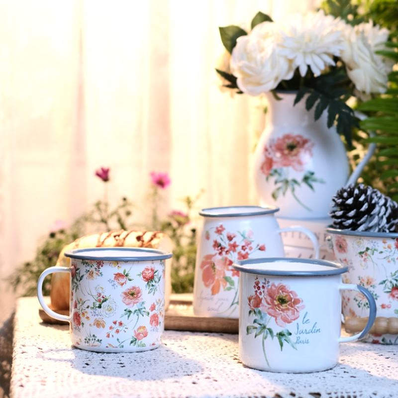 新款搪瓷水桶英式法式玫瑰花马克杯咖啡杯碎花小桶插花水壶