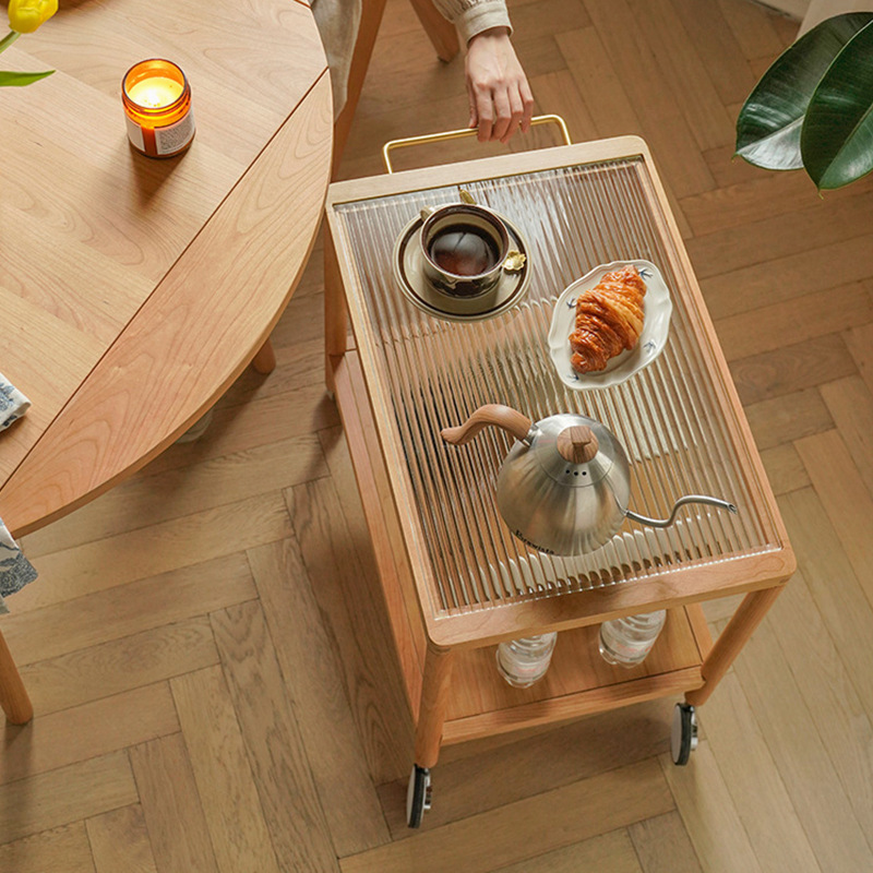 日式樱桃木推车边几小户型客厅沙发边可移动带轮小推车双层置物架