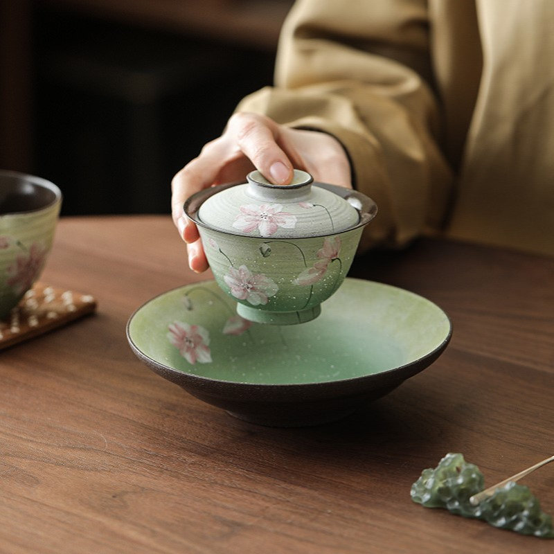 手绘青澜粗陶二才盖碗茶杯单个女士泡茶专用茶碗带盖茶具新款