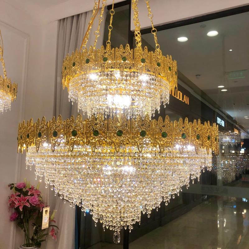 轻奢简约法式灯全铜客厅灯复式双层水晶灯别墅中空酒店大吊灯金色