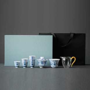 家用茶杯杯子陶瓷泡茶碗办公室 德化甜白青花瓷三才盖碗茶具套装
