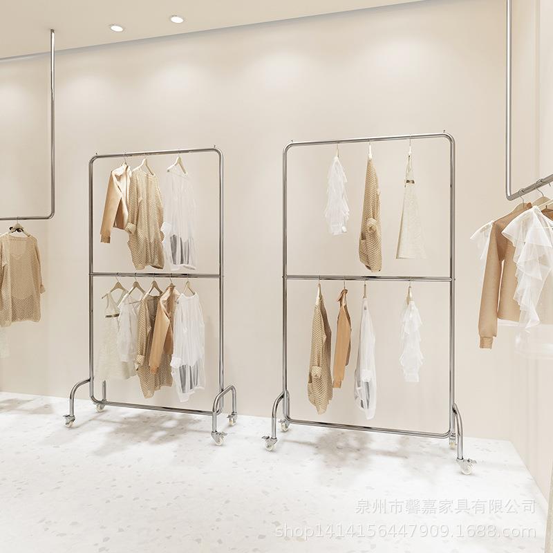衣服架子女装店落地衣架可调节展示架不锈钢双层移动陈列架挂衣架