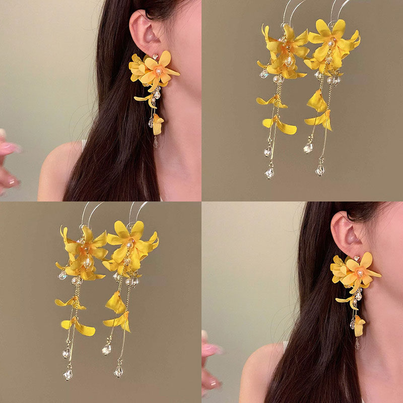 超仙黄色花朵流苏耳钉