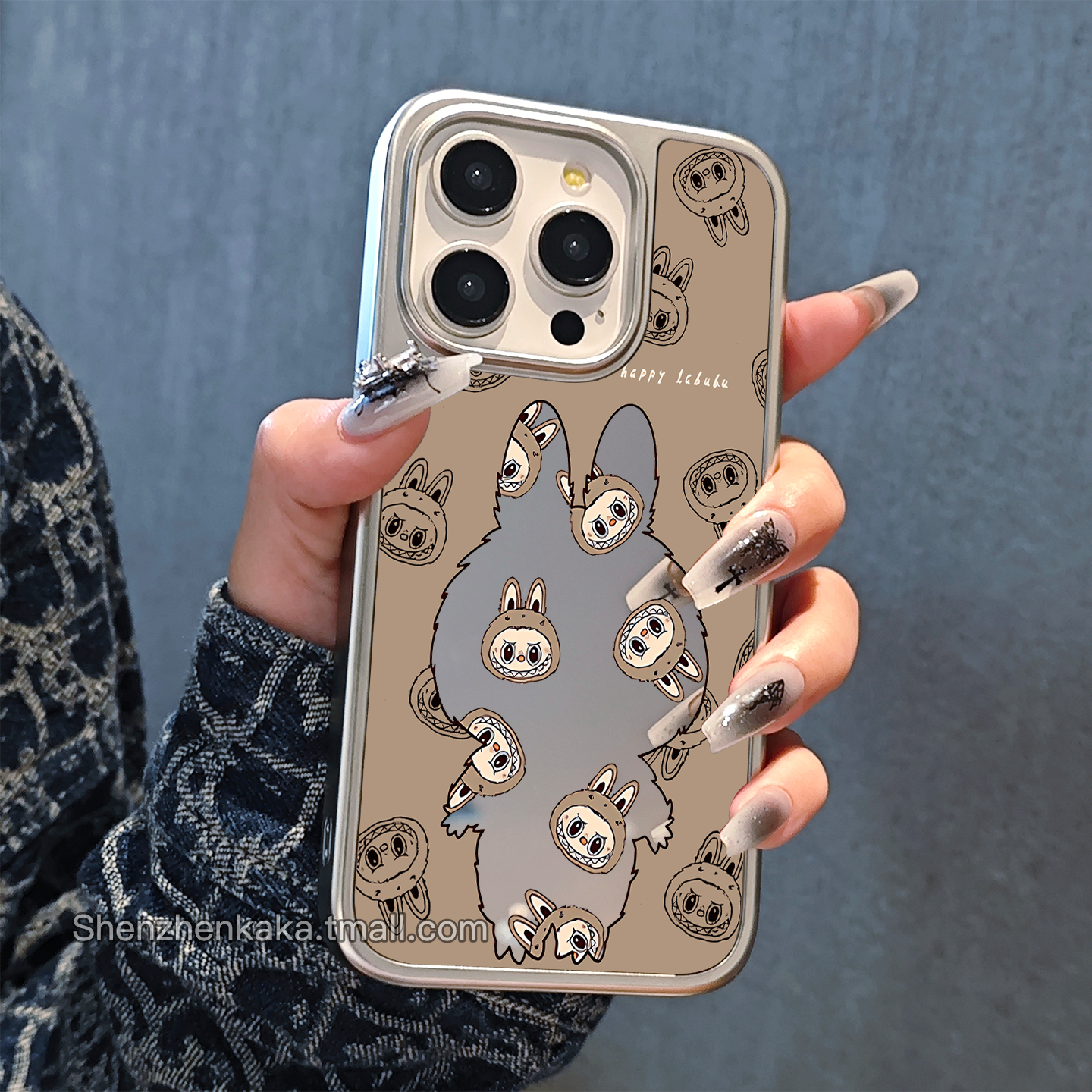 新款labubu手机壳镜面苹果16pro高级电镀银15plus潮玩公仔适用时尚好看女iPhone13拉布布14promax带镜子补妆