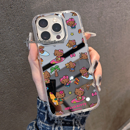 夏季度假黑皮kitty手机壳镜面苹果16pro适用17promax小米15华为pura80/nova9凯蒂猫opporeno14可爱女vivox200
