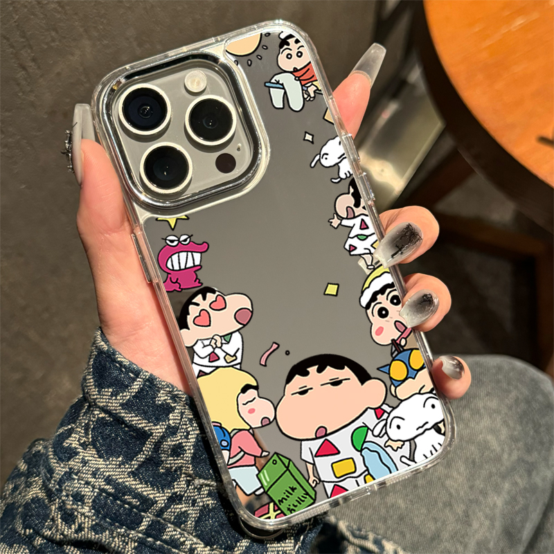 日韩卡通16promax苹果15plus镜面简约高级感蜡笔小新适用华为pura80手机壳卡通iPhone17小众不撞款原创mate40