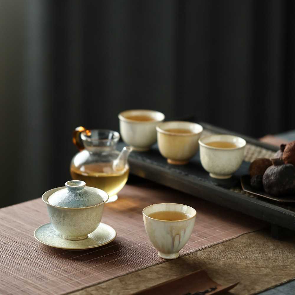 结晶松针极光三才盖碗景德镇手工窑变茶具套组120ml一碗四杯套装