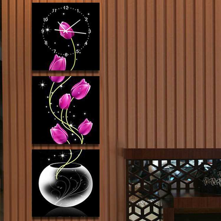 5d魔方钻石画 5d钻石画客厅 钻石绣 满钻新款 郁金香钟表