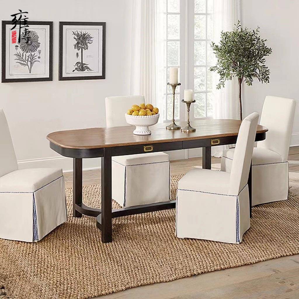 美式简约实木圆边餐桌小户型新古典餐厅桌椅组合带抽屉家具