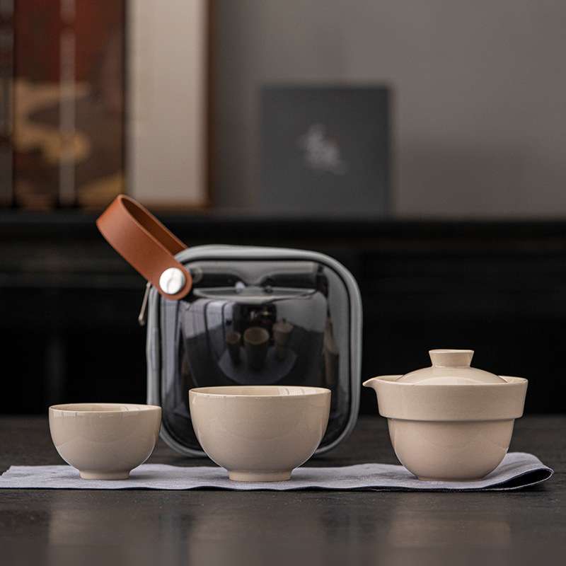 草木灰陶瓷旅行茶具套装便携式户外用快客杯一壶二杯露营茶壶茶杯
