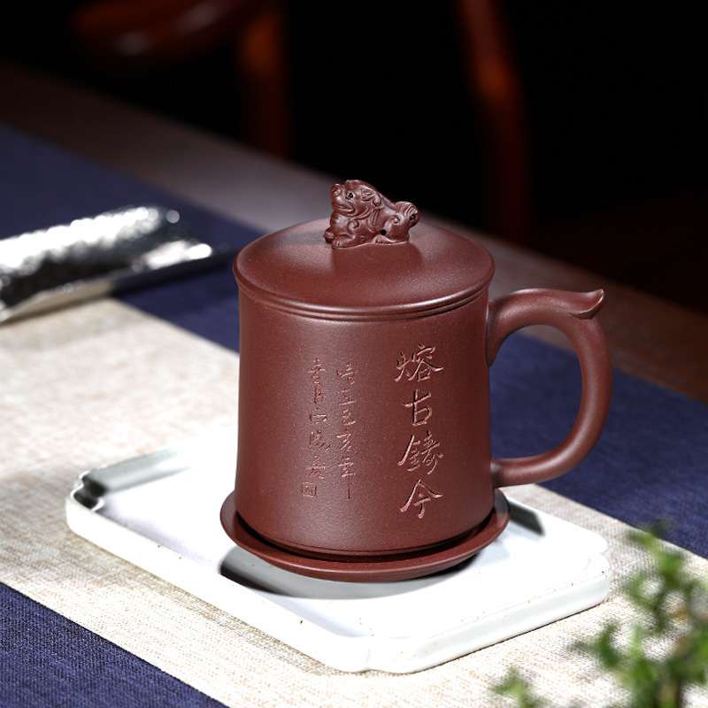 宜兴紫砂杯纯手工带盖过滤内胆狮子头茶杯大号大容量