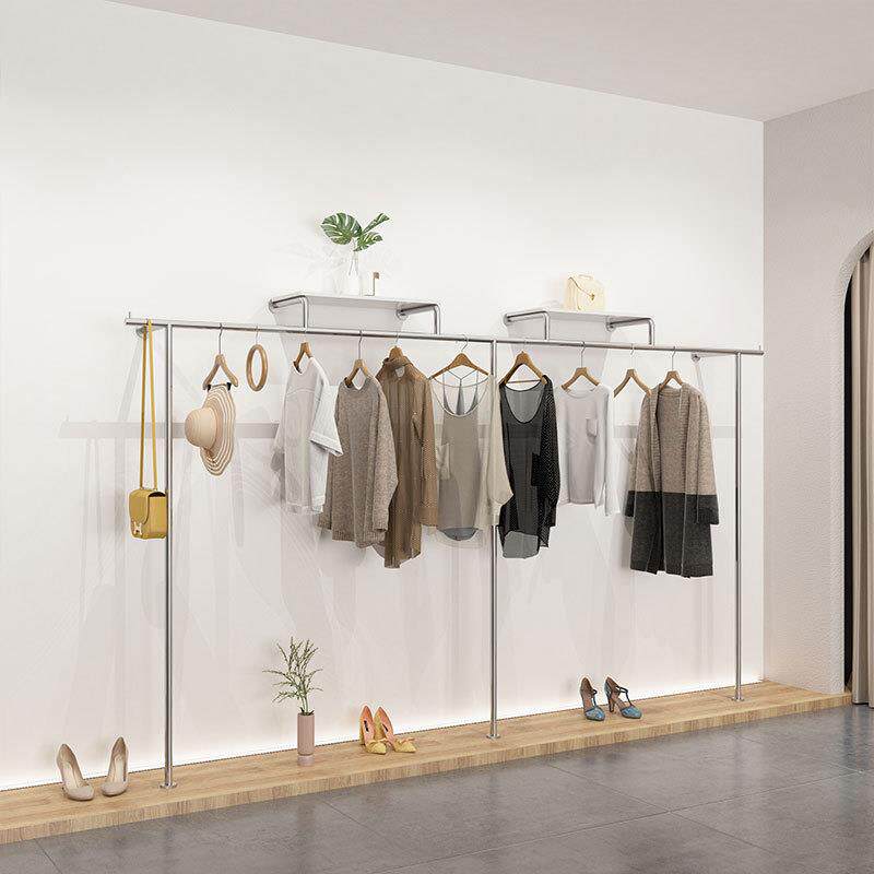 服装店展示架挂衣杆不锈钢女装货架上墙壁童装服饰带板陈列架