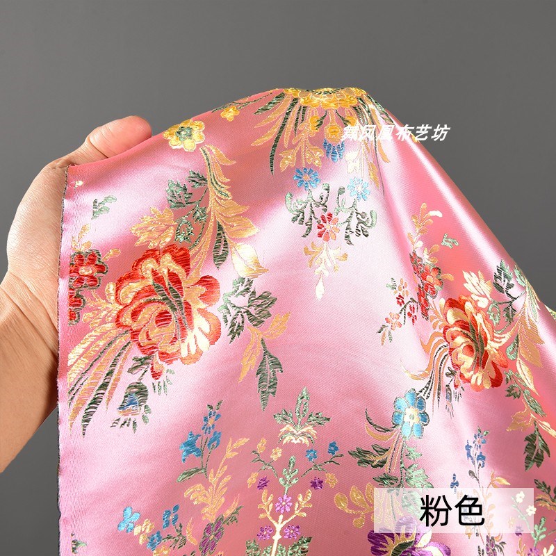 富贵海棠花织锦缎面料 高密粉色提花肌理旗袍上衣连衣裙丝绸布料