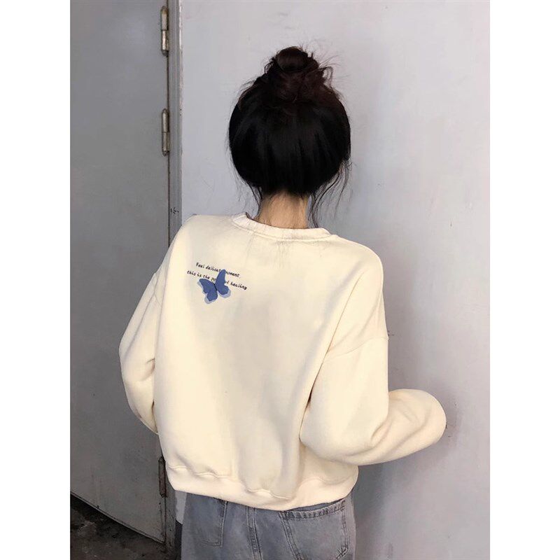 白色短款卫衣女薄款2025秋冬新款杏色加绒圆领无帽高腰小个子上衣