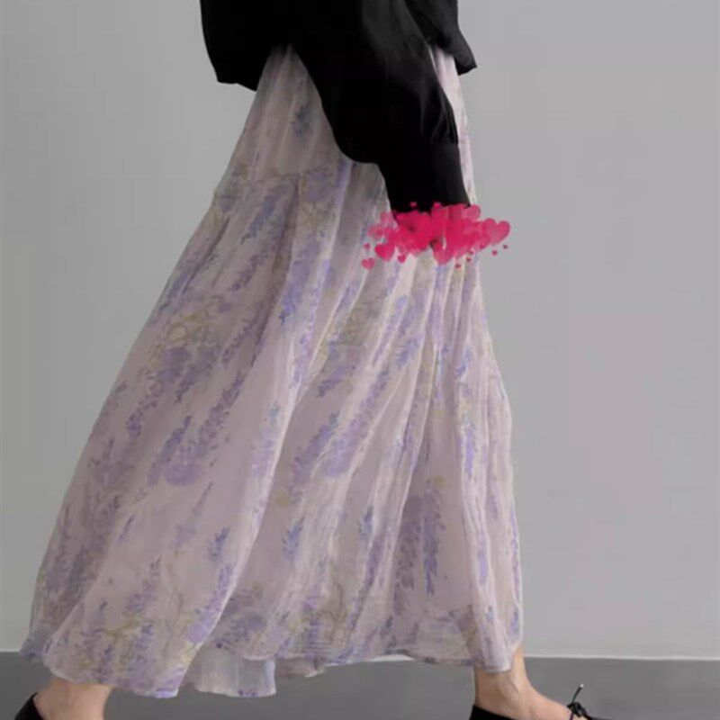 紫色法式碎花半身裙女夏季松紧高腰显瘦遮胯垂感a字伞裙大摆长裙