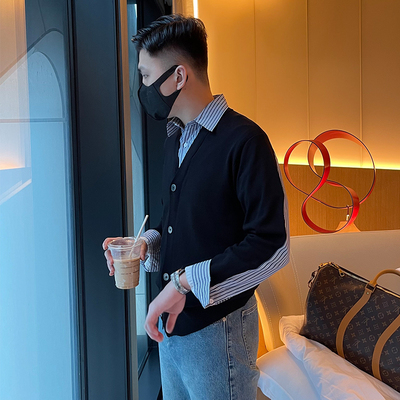 韩式轻熟男时尚假两件毛衣男秋冬季一体叠穿休闲男士针织开衫外套