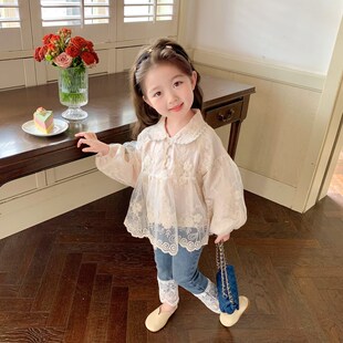 女童衬衫春秋2023新款儿童秋季时髦米色蕾丝衬衣洋气长袖秋装上衣